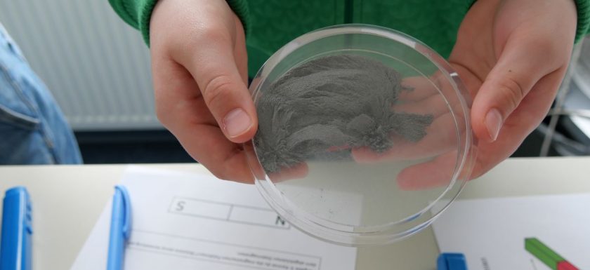 Schülerin hält eine Petrischale mit einem magnetischen Material in der Hand.
